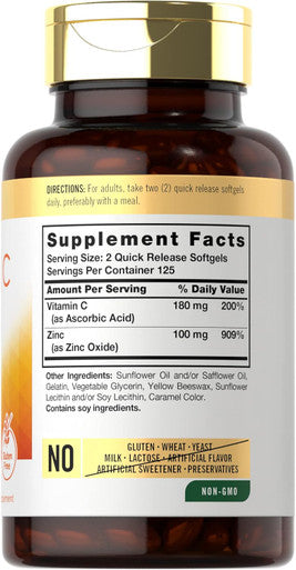 Carlyle Vitamin C With Zinc 250 Softgels Bioavailable Ascorbic Acid Zinc Oxide Non-Gmo And Gluten Supplement