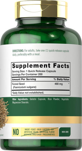 Carlyle Fennel Seed 480mg | 200 Capsules | Herbal Supplement | Non-GMO