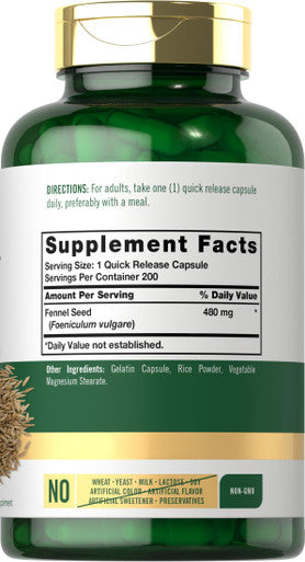 Carlyle Fennel Seed 480mg | 200 Capsules | Herbal Supplement | Non-GMO