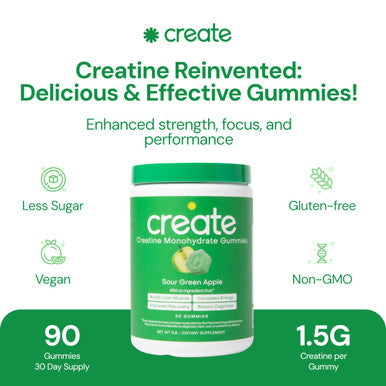 Create Creatine Monohydrate Gummies for Men & Women - Boost Focus, Strength, and Endurance, Anti-Melting Formula, Vegan, Gluten-Free, Non-GMO, 1.5 Gram Creatine per Gummy (Sour Green Apple, 90 ct)
