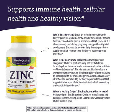 Healthy Origins, Zinc Bisglycinate, 50Mg Zinc - One Capsule Every 2 Days, 120 Vegan Capsules, Laboratory Tested, Vegetarian, Gluten-Free, Soya-Free, Non-Gmo