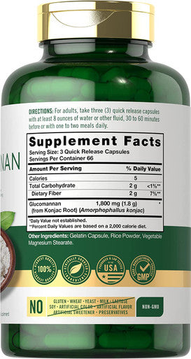 Glucomannan Capsules | 200 Count | Soluble Fiber Pills | Non-GMO, Gluten Free Supplement | by Carlyle