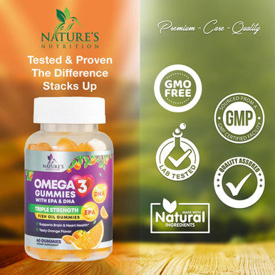 Omega 3 Fish Oil Gummies - Extra Strength EPA & DHA Omega-3 Fatty Acids - Orange Flavor, Natural Brain, Heart and Joint Support, 150 mg, Gummy Vitamin for Men & Women & Adults - 60 Gummies