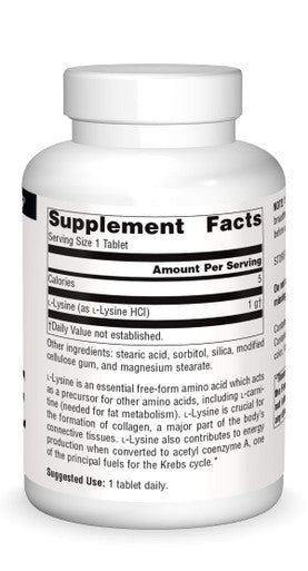 Source s L-Lysine 1000 mg Free Form - Amino Supplement Supports Energy Formation & Collagen - 200 Tablets