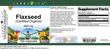 Terravita Flaxseed (Certified Organic) - 450 Mg (100 Capsules, Zin: 517688) - 3 Pack