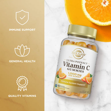 Solgar Vitamin C Gummies For Adults 1 000Mg Ultra Potency Vitamin C Immune System Support For Women & Men - Tasty Tart Orange Flavor Vegan & Gluten Free Gummy 2 Month Supply 60 Servings 2G Sugar