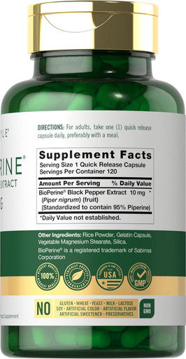 Carlyle Bioperine 10mg | 120 Capsules | Non-GMO & Gluten | Sourced from Black Pepper Extract | Supports Curcumin Powder Absorption