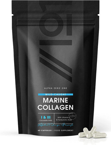 Marine Collagen 1000mg | 60 High Strength Capsules - Wild-Caught Type 1 Hydrolysed Marine Collagen Made with Vitamin C, E, B2, Zinc, Copper, Iodine & Hyaluronic Acid, by Alpha01A