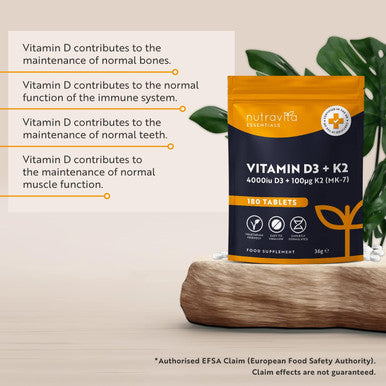 Vitamin D3 4000 Iu & Vitamin K2 100 g (Mk7) 180 Vegetarian Tablets 6 Month Supply - High Strength Vitamin D Supplement For Bones, Muscles & Immune System Nutravita