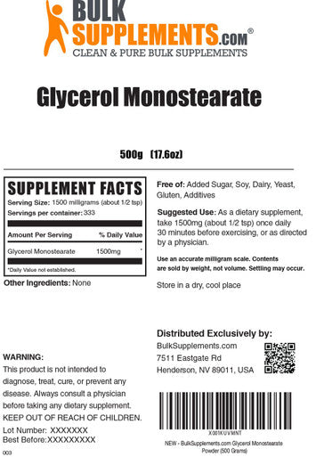 Bulksupplements.Com Glycerol Monostearate Powder - Glycerol Powder For Endurance & Hydration - Food Grade, Gluten Free - 1500Mg Per Serving, 333 Servings (500 Grams - 1.1 Lbs)