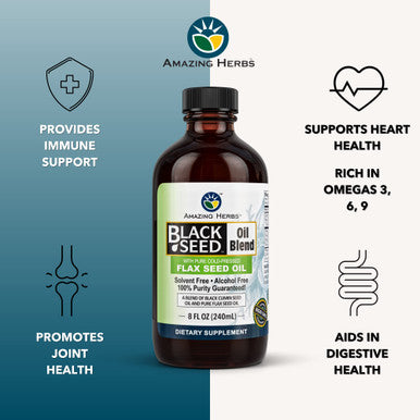 Amazing Herbs Cold-Pressed Black Seed And Flax Seed Oil Blend - Gluten-Free, Non-Gmo, High In Omega 3, 6, & 9, Supports Joint, Brain, And Heart Function - 8 Fl Oz