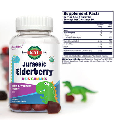 KAL Jurassic Elderberry Kids Gummies | Healthy Immune Support | USDA Organic, Vegan, Gluten | 30 Serv, 60 Ct
