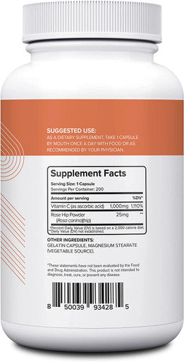 Nui Nutra Vitamin C with Rose Hips Supplement | 1000mg | 200 Capsules | Promotes Healthy Heart & Skin | Supports Immune System Strength | Antioxidant Protection