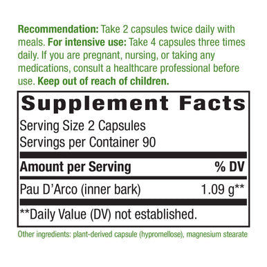 Nature's Way Premium Herbal Pau dArco Inner Bark 545 mg per capsule, 180 VCaps