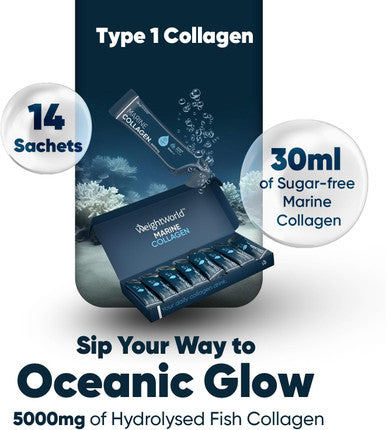 Weightworld Marine Collagen Liquid | 30ml x 14 Liquid Sachets | 5000mg Hydrolysed Liquid Collagen Sachets | with Vitamin C & Hyaluronic Acid | Type 1 Collagen | Tasty Liquid Collagen Supplements for Women & Men