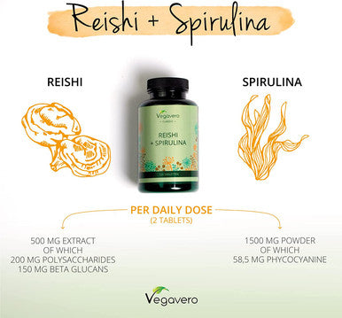 Reishi & Spirulina VegaveroÃƒâ€šÃ‚Â® | 2000 mg | NO Additives | with Phycocyanin and Polysaccharides | 120 Vegan Tablets | Alga Spirulina with Ganoderma Lucidum Extract