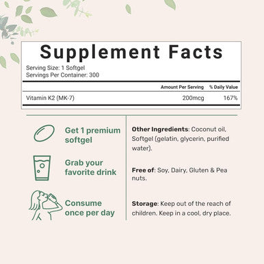 Micro Ingredients Vitamin K2 MK-7 Supplement 200 mcg Per Serving 300 Coconut Oil Softgles | Easily Absorbed Active Menaquinone Form | Immune Joint & Heart Support | Non-GMO