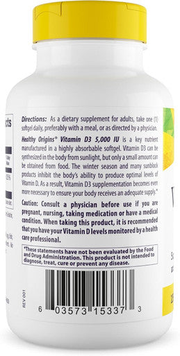 Healthy Origins Vitamin D3 5, 000 IU (Non-GMO), 360 Softgels