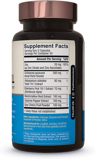 Live Conscious BreatheWell Botanical Respiratory Immune Supplement | with Echinacea, Elderberry, Zinc | Immune System Support Vitamins 60 Capsules