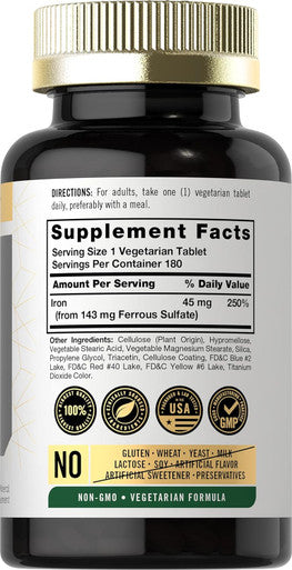 Carlyle Slow Release Iron 45 mg | 180 Tablets | Vegetarian Non-GMO and Gluten Formula | Ferrous Sulfate Mineral Supplement