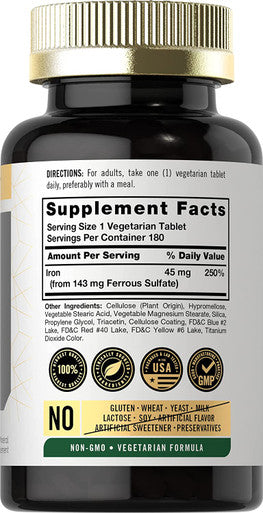 Slow Release Iron 45 mg | 180 Tablets | Vegetarian, Non-GMO, and Gluten Free Formula | Ferrous Sulfate Mineral Supplement | by Carlyle