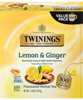 Twinings Lemon & Ginger, Caffeine-Free Herbal Tea Bags, 100 CT Box (1 Pack) | Spicy & Tangy, Ginger, Lemon Peel, Lemongrass, Blackberry Leaves, Soothe Digestion, 100 Foil Lined Individually Wrapped Bags