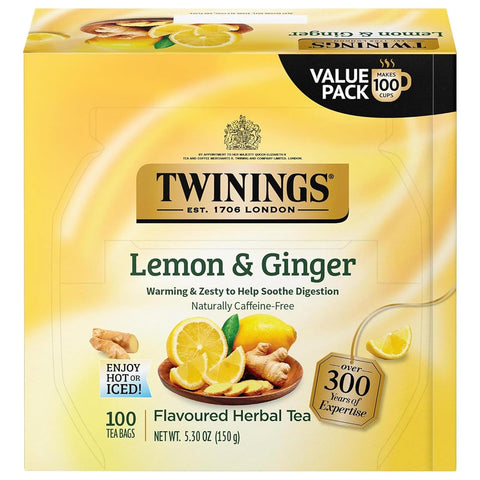 Twinings Lemon & Ginger, Caffeine-Free Herbal Tea Bags, 100 CT Box (1 Pack) | Spicy & Tangy, Ginger, Lemon Peel, Lemongrass, Blackberry Leaves, Soothe Digestion, 100 Foil Lined Individually Wrapped Bags