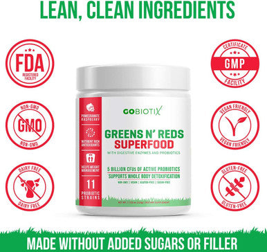 GoBiotix Super Greens Powder N Super Reds Powder NonGMO Vegan Red and Green Superfood Probiotics Enzymes Organic Whole Foods Fruit and Veggie Supplement Pomegranate Raspberry 60 Servings