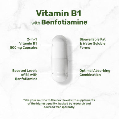 Deal Supplement Vitamin B1 500mg with Benfotiamine 240 Capsules 2 in 1 Enhanced Formula Fat & Water Soluble Thiamine B1 Supplement Third Party Tested Non-GMO No Gluten
