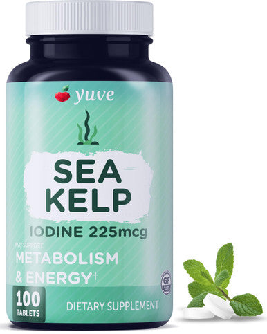 Yuve Thyroid Support For Women, Iodine Supplements For Thyroid, 225Mg - Natural Metabolism & Energy, Organic Seaweed From North Atlantic Ocean, Plant-Based, Non-Gmo - 100 Tablets