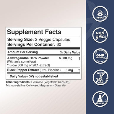 Ashwagandha Supplements - Extra Strength 6000Mg Ashwagandha Powder Capsules With Black Pepper. Natural Mood, Focus, And Energy Support Supplement, 120 Veggie Capsules, Usa Made