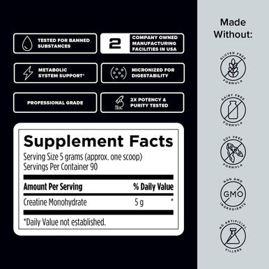 Designs for Sport Micronized Creatine Monohydrate Unflavored Powder - NSF Certified for Sport 90 Servings Supports Muscle Recovery Brain Health Pre and Post Workout Strength