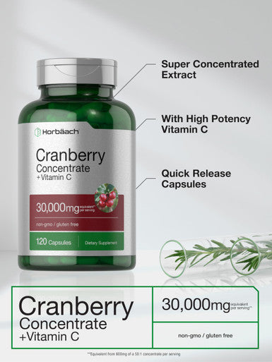 Horbaach Cranberry Concentrate Extract Pills + Vitamin C | 30000Mg | 120 Capsules | Triple Strength Ultimate Potency Formula | Non-Gmo And Gluten Free Supplement