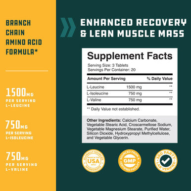 Natures Craft Branch Chain Amino Acids Supplement - Vegan BCAA Tablets Post Workout Muscle Recovery and Muscle Growth Support - Branched Chain Amino Acids Supplement for Men and Womens Workout Recovery 60 Count