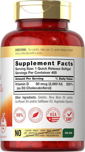Carlyle Vitamin D3 2000IU Softgels | 400 Count | Non-GMO Gluten Formula | 50 mcg | Vitamin D Supplement