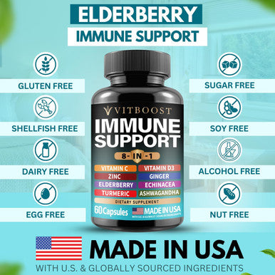 Elderberry Immune Support Supplement 8-In-1 Formula With Echinacea, Vitamin C & Zinc, Vitamin D 5000 Iu, Turmeric, Ginger, Ashwagandha ÃƒÂ¢Ã¢â€šÂ¬Ã¢â‚¬Å“ 60 Capsules