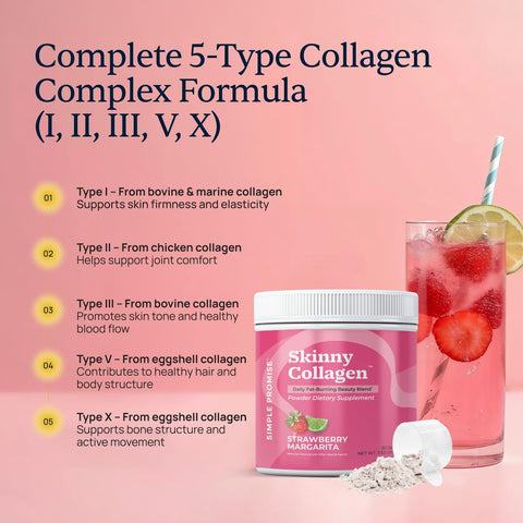 Skinny Collagen Weight Loss Supplement - Hydrolyzed Multi-Collagen Peptides Powder Drink - Types I Ii Iii V X - Supports Fat Burning & Weight Goals For Women - 30 Servings - Strawberry Margarita