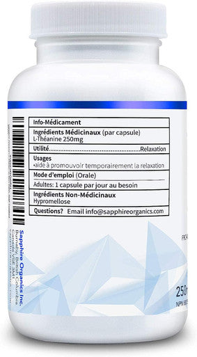 Sapphire Organics - L-Theanine, Purest Formula ZERO Fillers, Premium Grade, 120 Capsules, Made in Canada