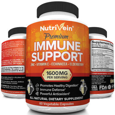 Nutrivein Immune Support - Boost Your Immune System with Elderberry, Zinc, Vitamin C, Garlic & Echinacea Prebiotics - 1600MG Daily Dose - Supports Healthy Lifestyle and Relief - 60 Capsules