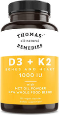 Thomas' All-Natural Remedies D3 + K2 With Mct Oil For Better Absorption & Raw Whole Food Blend, 1000 Iu D3, Vegan, Made In Usa, Support For Your Heart, Bones & Teeth, Non-Gmo (120Ct)