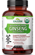Zazzee Usda Organic Red Korean Panax Ginseng 20:1 Extract, 8000 Mg Strength, 5% Ginsenosides, 120 Vegan Capsules, Standardized