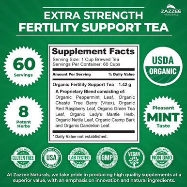 Zazzee Usda Organic Fertility Support Tea, 60 Servings, Balanced Blend Of 8 Potent Herbs, Pleasant Mint Taste, 3 Ounces, All-Natu