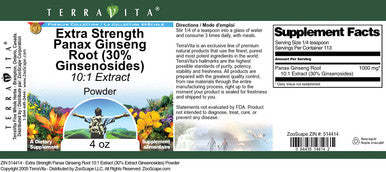 Terravita Extra Strength Panax Ginseng Root 10:1 Extract (30% Ginsenosides) Powder (4 Oz, Zin: 514414)