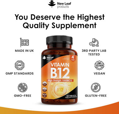 New Leaf Vitamin B12 High Strength Tablets - 1000Mcg Vegan B12 Vitamin Methylcobalamin Supplement Contributes To The Reduction Of Tiredness And Fatigue & Immune Energy Support Made In The Uk (4 Month Supply)