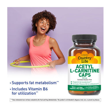 Country Life Acetyl L-Carnitine Caps With Vitamin B-6 To Aid In Utilization 500Mg 60 Vegan Capsules Certified Gluten Free Certified Vegan Certified Halal