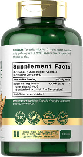 Carlyle Korean Ginseng | 2000 mg | 250 Capsules | Non-GMO and Gluten Free Formula | Standardized Panax Ginseng Supplement