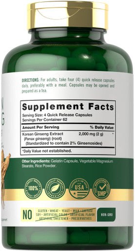 Carlyle Korean Ginseng Extract Capsules 2000 Mg | 250 Capsules | Non-Gmo And Gluten Free Formula | Standardized Panax Ginseng