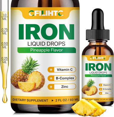 Liquid Iron Supplement For Women Men & Kids Multivitamin Iron Drops With Folate, Vitamin C, B6, B12, Zinc For Anemia, Iron Deficiency, Blood Builder, Energy - Natural Pineapple Flavor, Vegan 2 Fl Oz