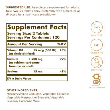 Solgar Calcium "600" - 240 Tablets Pack Of 2 - From Oyster Shell With Vitamin D3 - Non-Gmo Gluten Free Dairy Free - 240 Total Servings