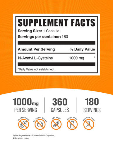 Bulksupplements.Com N-Acetyl L-Cysteine 1000Mg Capsules - N-Acetyl Cysteine 1000Mg, Nac Supplement - Nac 1000Mg, Gluten Free - 2 Capsules Per Serving, 360 Capsules (Pack Of 1)
